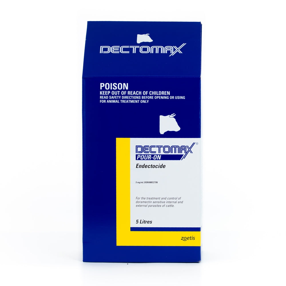 Dectomax 5 litre pour on endectocide packaging on a white background