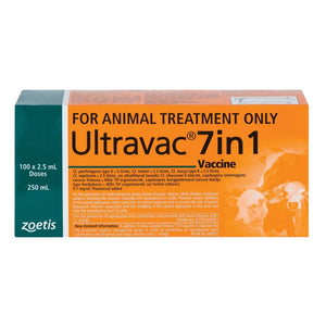 Ultravac 7in1 250ml vaccine packaging for animal treatment on a white background