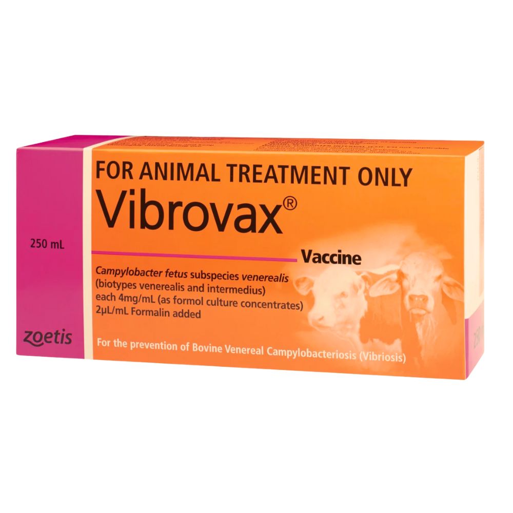 Vibrovax 250ml vaccine box for animal treatment on a white background