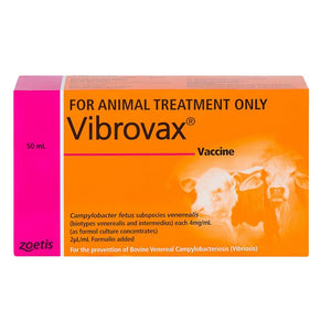 Vibrovax 50ml vaccine packaging for animal treatment with orange and pink design.