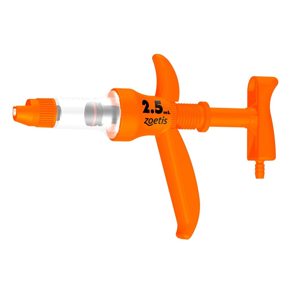Orange syringe with needle on a white background, branded 'zoetis'.