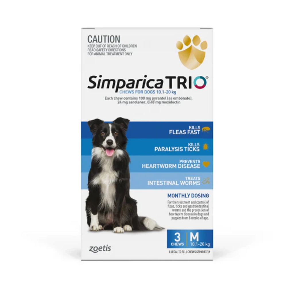 Simparica TRIO packaging for dogs with a black and white dog illustration on a white background
