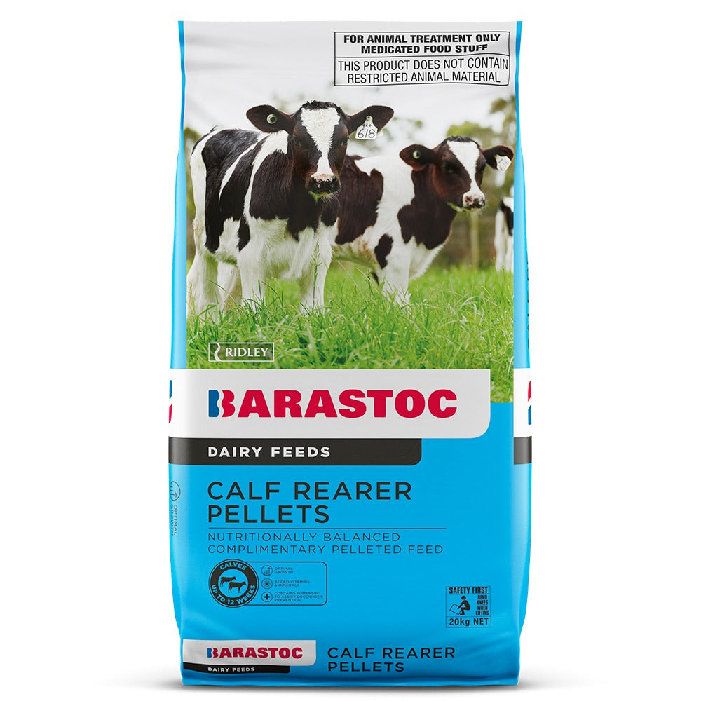 Bag of Barastoc Dairy Feeds Calf Rearer Pellets with cows on a grassy field.