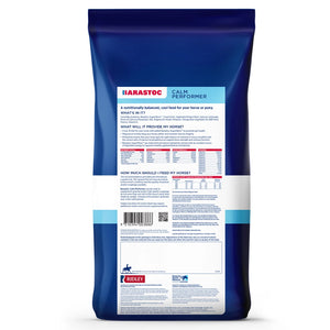 Back of a blue horse feed package with text and labels.