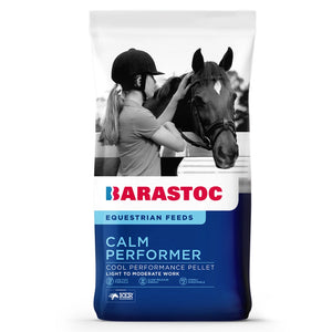 Bag of Barastoc Equestrian Feeds Calm Performer, featuring a pellets horse food, with an image of a person grooming a horse on the front.