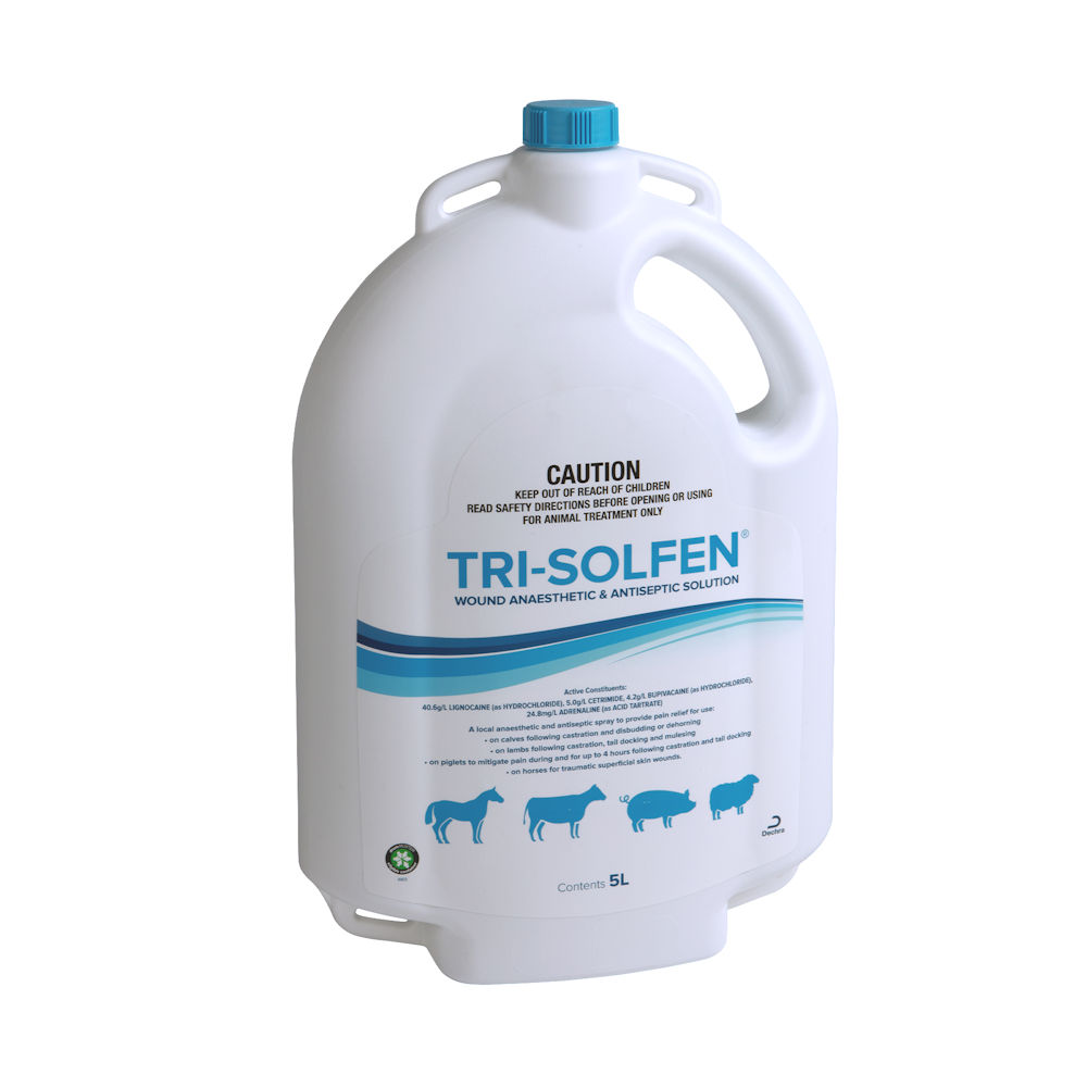 Tri-Solfen 5 litre container of topical anaesthetic with blue cap on a white background
