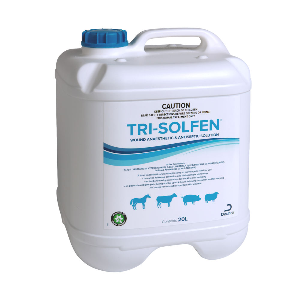 Tri-Solfen 20 litre container of topical anaesthetic with blue cap on a white background