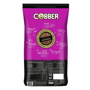 Purple and black bag of Cobber dog food with text and graphics on a white background