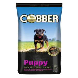 Cobber Puppy dog food packaging with a puppy on a grassy background