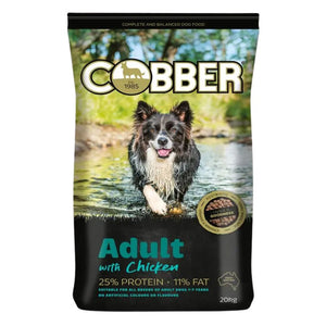 Dog food package with a dog by a river and Cobber branding