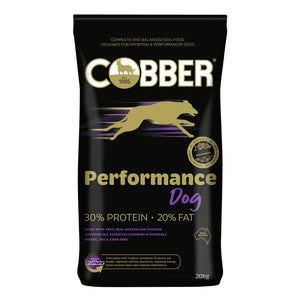 Black bag of Cobber Performance Dog food with gold and white text on a white background
