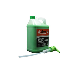 Green bottle of Ag Boss Mint Grit Hand Cleaner on a white background