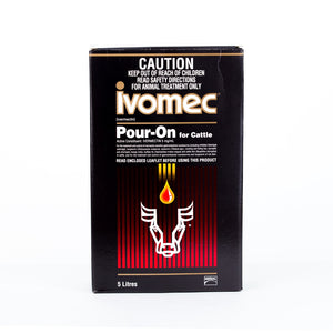 Ivomec Pour-On 5 Litre packaging for cattle on a white background