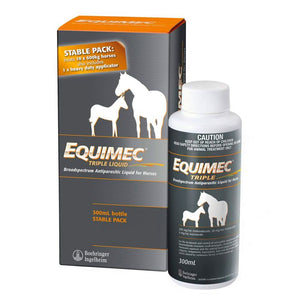 Equimec Triple Liquid packaging for horses including bottle and box on a white background