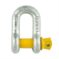 Metal shackle with yellow safety clip on a white background