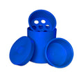 Blue plastic animal feed container with lid on a white background