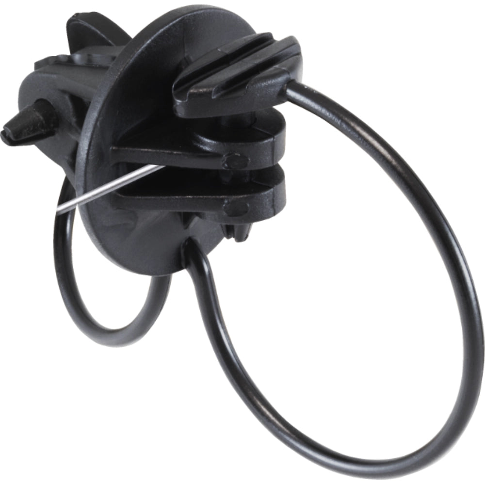 Black plastic clip with a wire on a white background