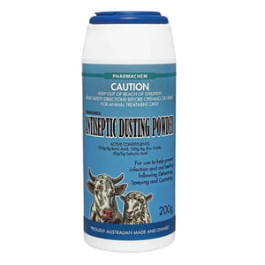 Antiseptic dusting powder container 200g with blue and white label on a white background