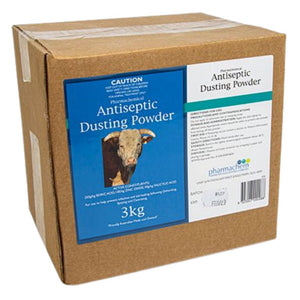 Box of Antiseptic Dusting Powder 3 kg with a label showing a cow's face and product details.
