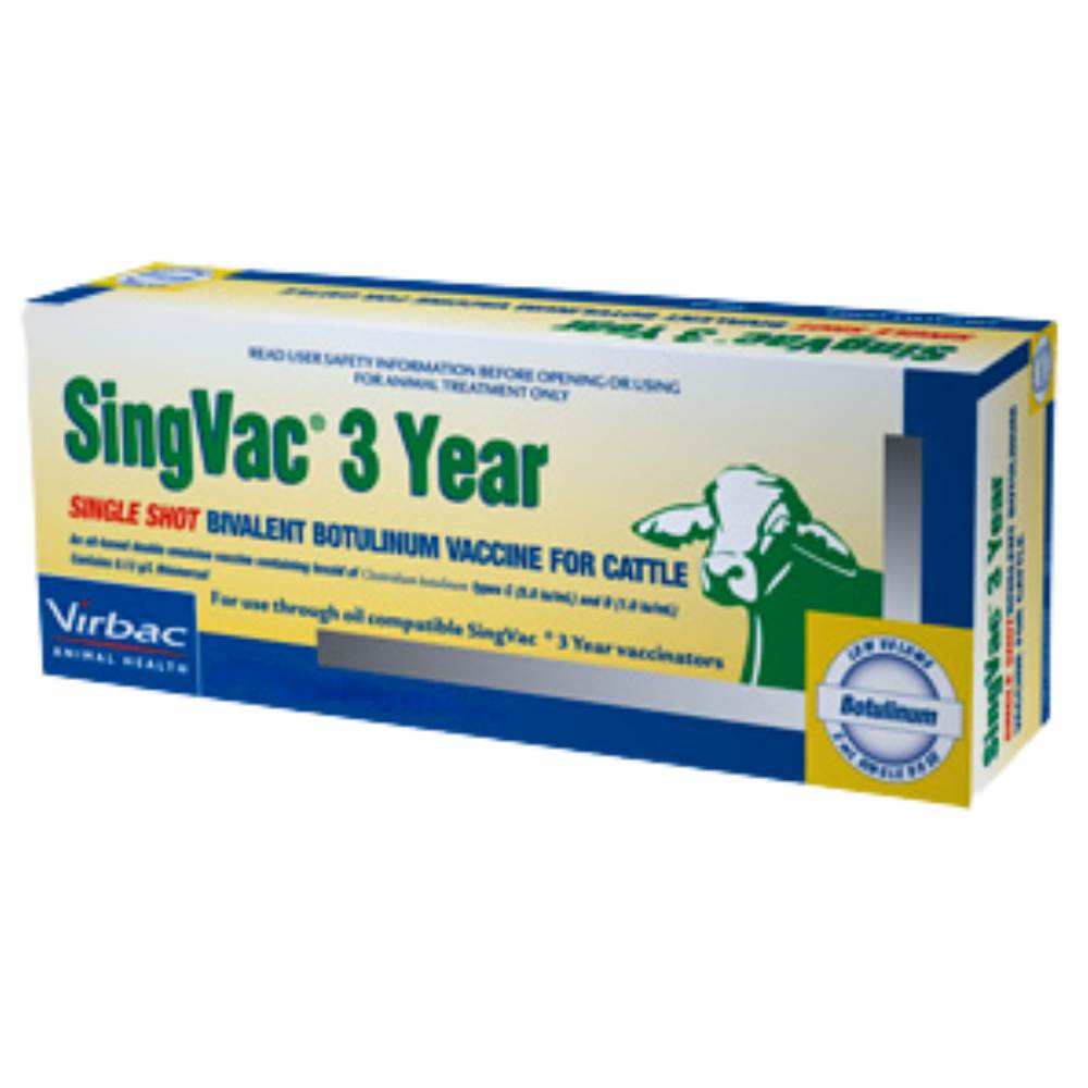 Box of SingVac 3 Year 200ml vaccine for cattle on a white background