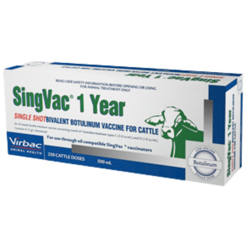 Virbac SingVac 500ml 1 Year vaccine box for cattle on a white background