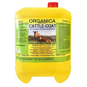 Yellow 20 litre container of Organica Cattle-Coat with a cow on the label