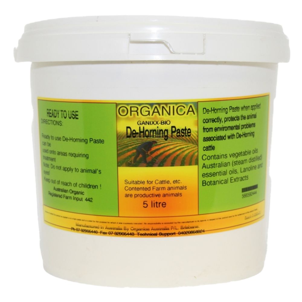 White container of Organica Ganixx-Bio De-Horning Paste with a green label on a white background