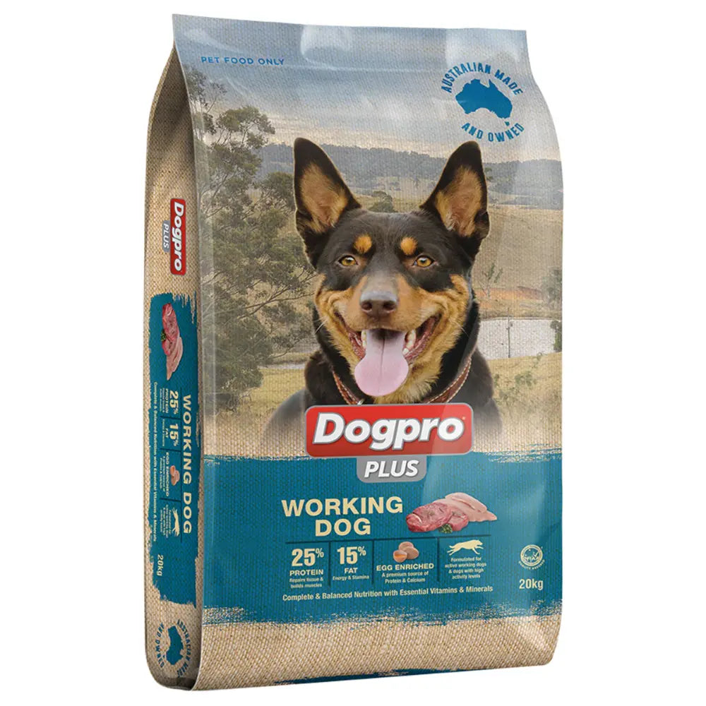 Dogpro Plus Working Dog food package with a dog on the label against a scenic background