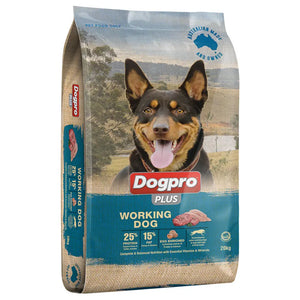Dogpro Plus Working Dog food package with a dog on the label against a scenic background