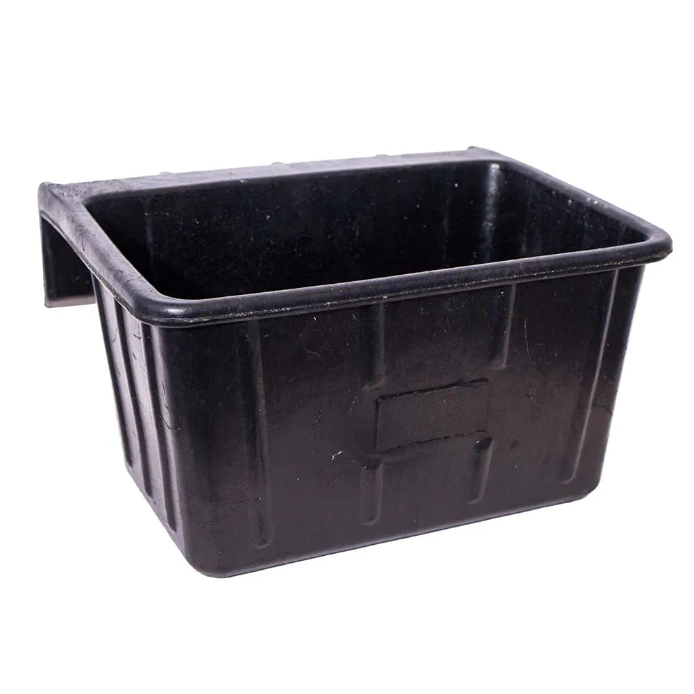 Black plastic storage hanging feed trough on a white background