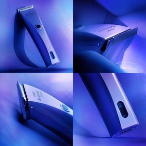 Collage of a blue wahl bravura lithium electric shaver with close-up details on a purple gradient background