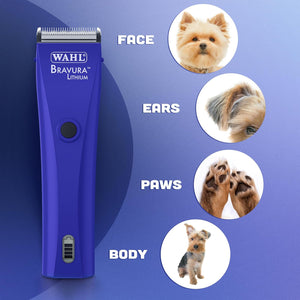 Wahl Bravura Lithium hair trimmer with illustrations of dog grooming areas on a blue background
