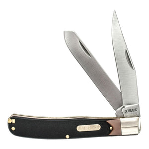 Schrade knife with black handle and silver blade on a white background