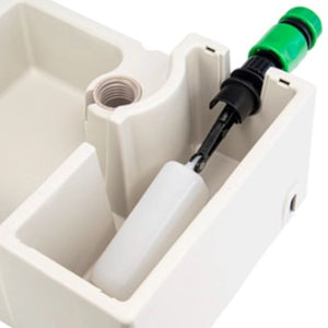 Automatic pet waterer close up with float sitting in the bowl with a label on a white background