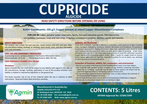Cupricide algicide 5L label with safety information and product details.