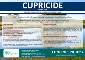 Cupricide algicide 20L label with safety information and product details.