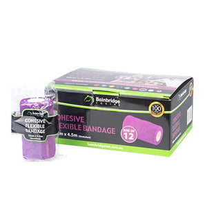 Bainbridge Equestrian cohesive flexible bandage packaging with purple bandage roll.