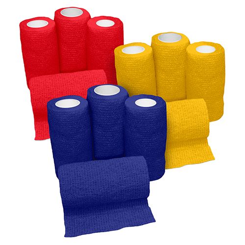 Red, blue, and yellow bandages on a white background