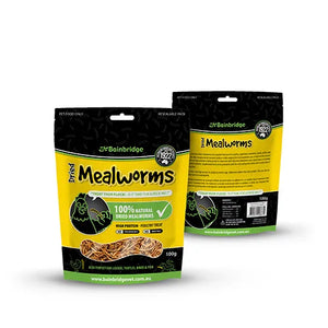 Two packages of Dried Mealworms bird food, with yellow and black branding