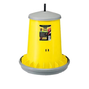 Yellow poultry feeder with gray base on a white background