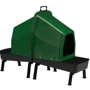 Two green chicken nesting boxes back-to-back with black bases on a white background