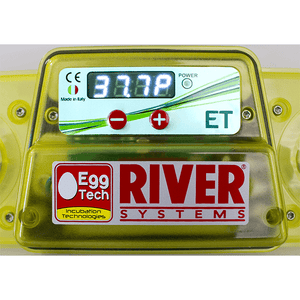Yellow electronic egg incubator with digital display and River Systems branding on a white background