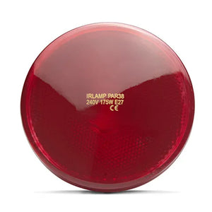 Red lamp with gold text on a white background