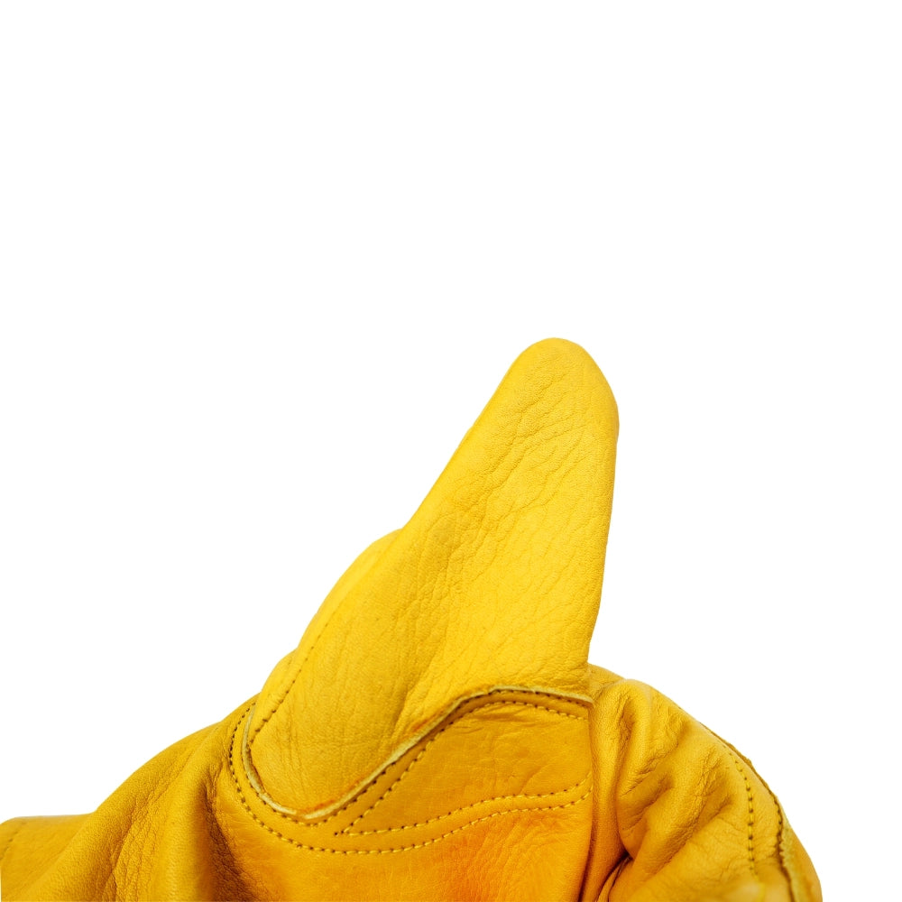 Close-up of a yellow leather glove on a white background