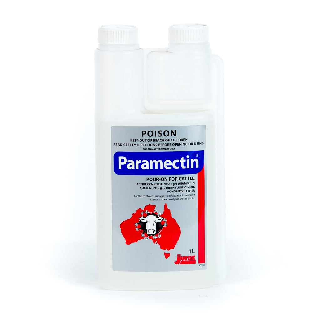 Paramectin 1 litre pour-on bottle for cattle with a white background