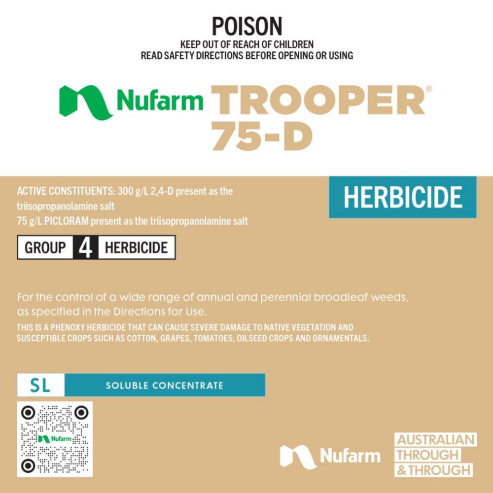 Nufarm Trooper 75-D herbicide packaging with safety warnings and product details.