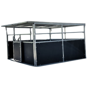 Metal horse stall with black panels on a white background