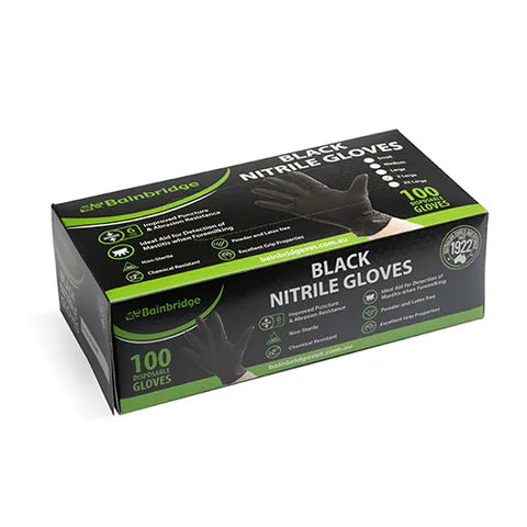 Box of black nitrile gloves with Bainbridge branding on a white background