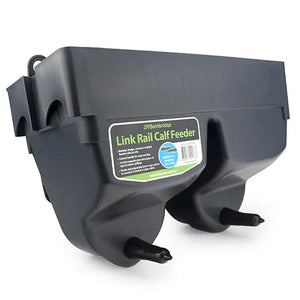 Black Link Rail Calf Feeder with Bainbridge label on a white background