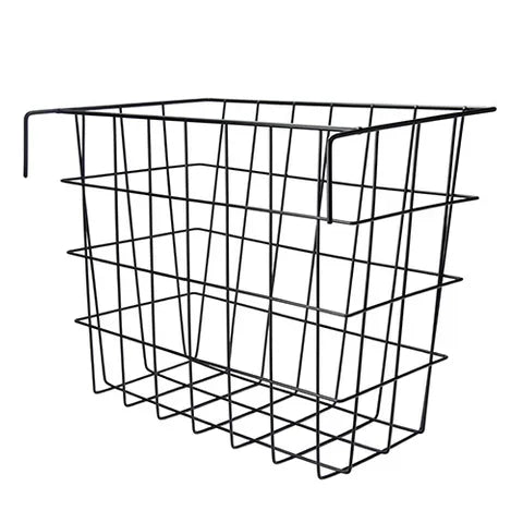 Black wire hay storage basket on a white background